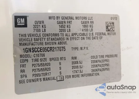 2012 Chevrolet Tahoe Ltz из США, поврежденный, VIN 1GNSCCE05CR217075